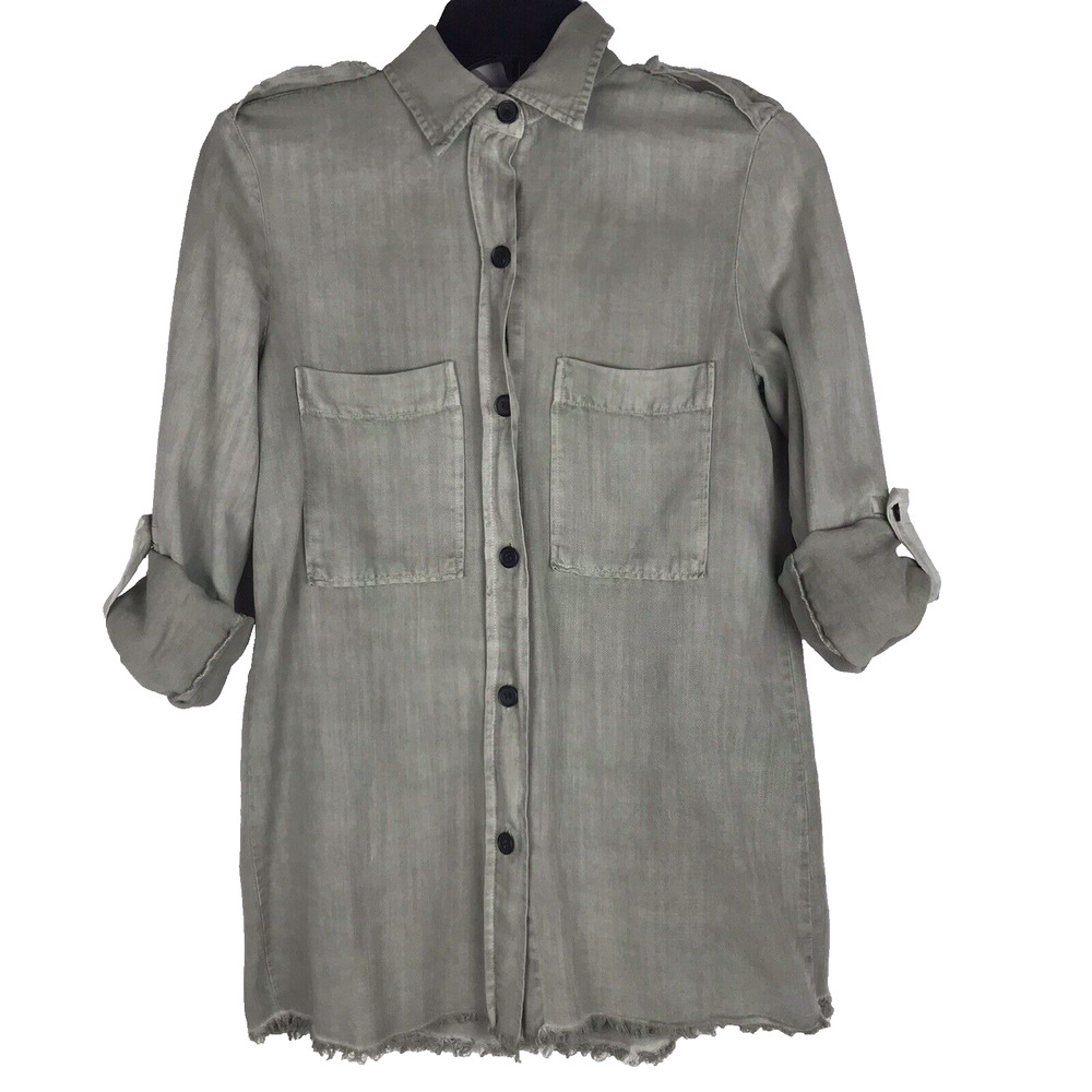 NWT Zara Button Up Shirt Long Roll Tab Sleeves Chambray Gray Denim Raw Hem Sz XS